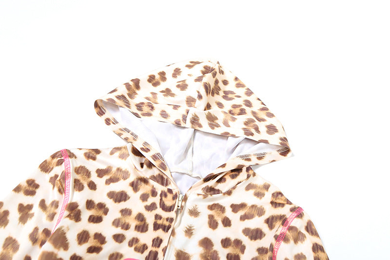 Spring and Summer Sexy Crop Slim Hooded Leopard Print Top and High Waist Shorts Two Piece Set 9