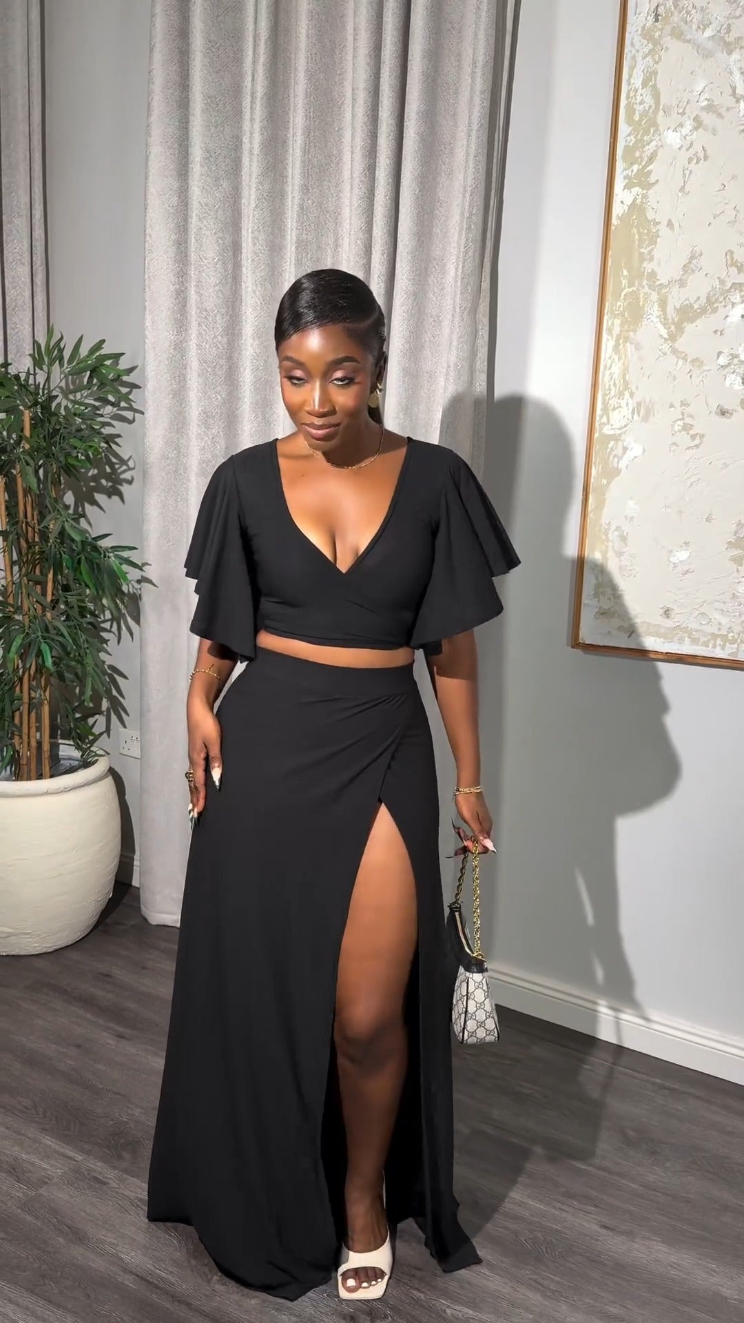 Sexy Solid Color Short Sleeves V-Neck Slit Two Piece Skirt Set