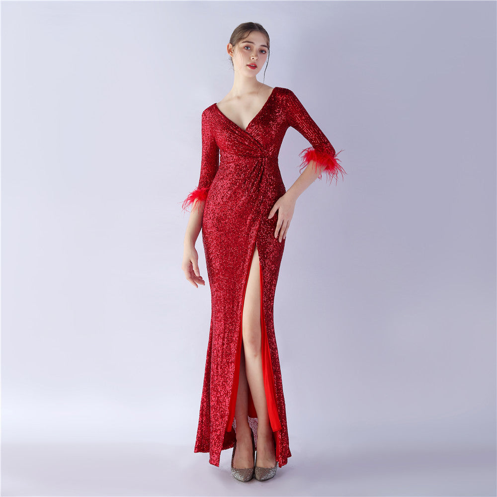 Sexy Feather Sequined Long-Sleeved Evening Dress 9