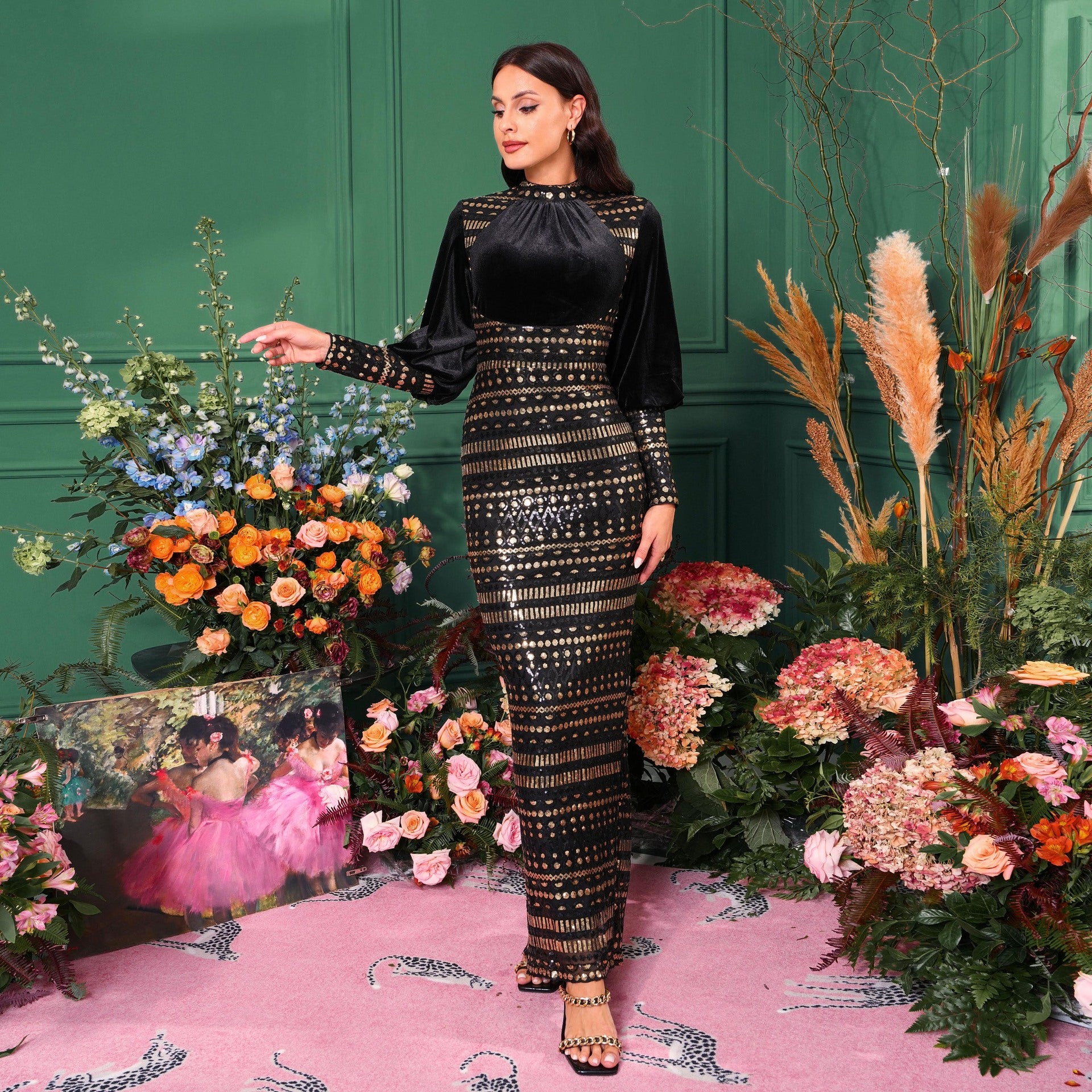 Luxury Long Sleeve Round Neck Formal Party Sequin Slim Slit Evening Dress Women Bridesmaid Gown 10