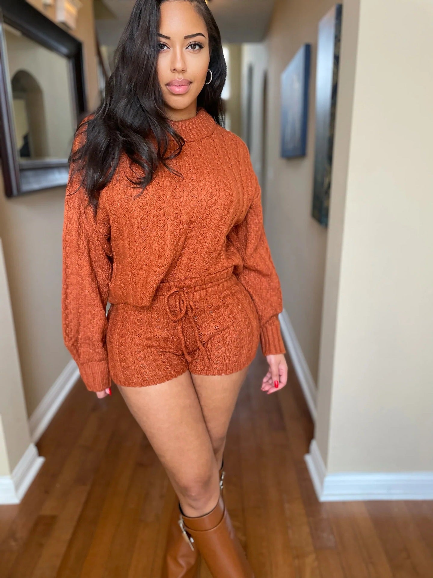 Women Solid sweater and shorts two-piece set