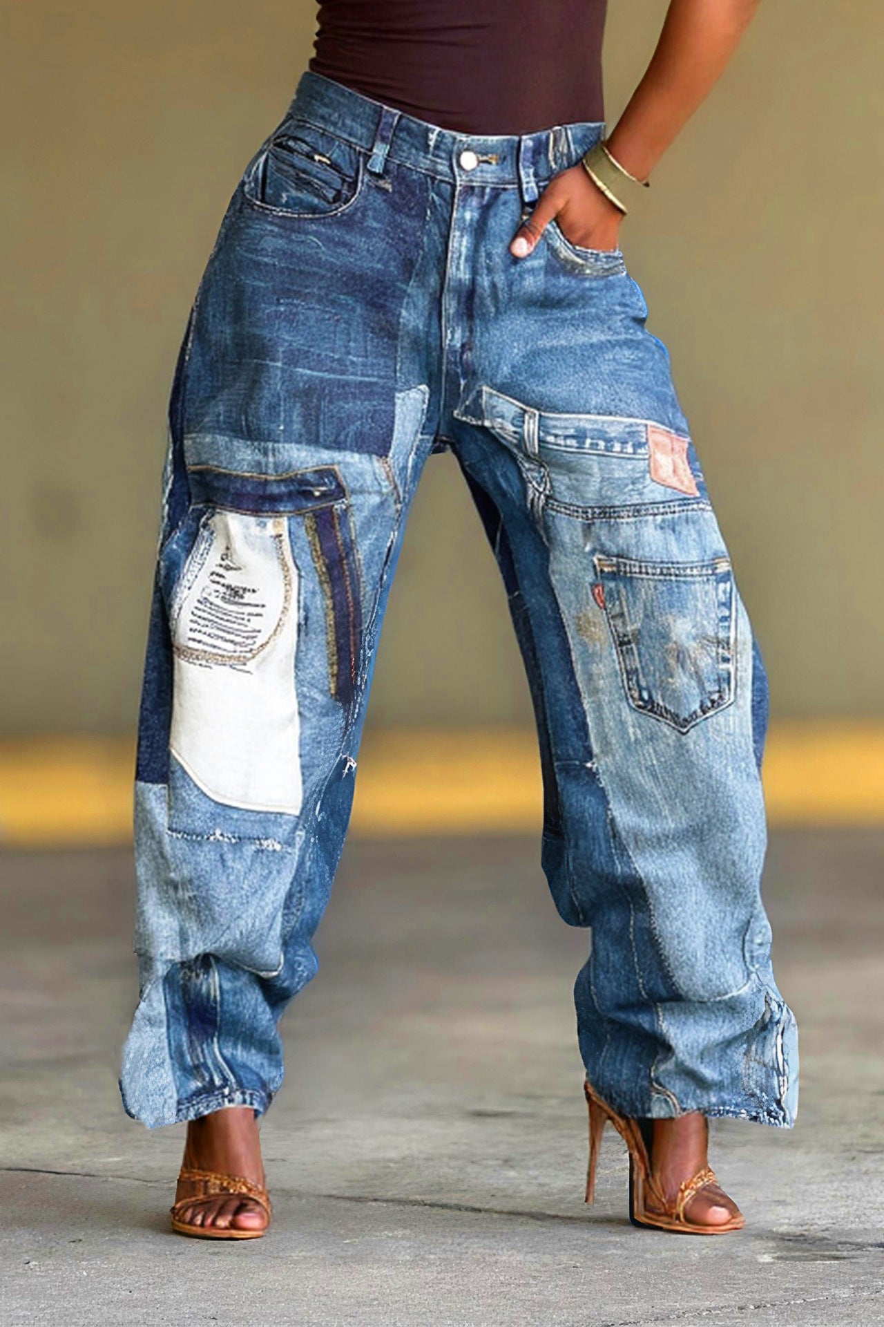 Women's Patchwork Print Denim Pants