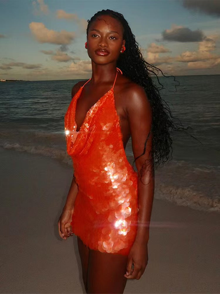 Sexy women'slow-cut hollow Strap Low Back sequined slim dress 7