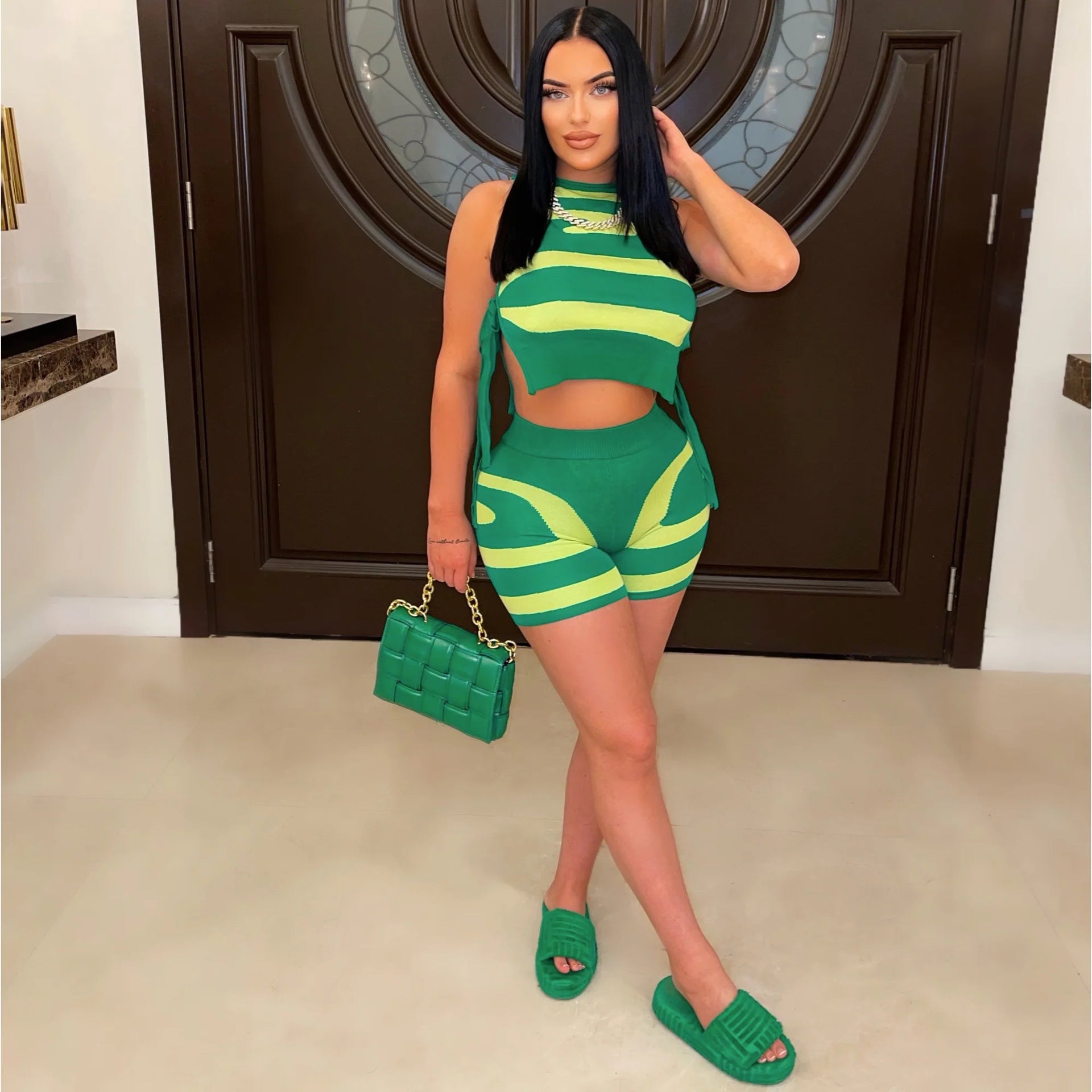 Women Sleeveless Tank Top Lace-Up Printed Casual Top and Shorts Two-Piece Set 5