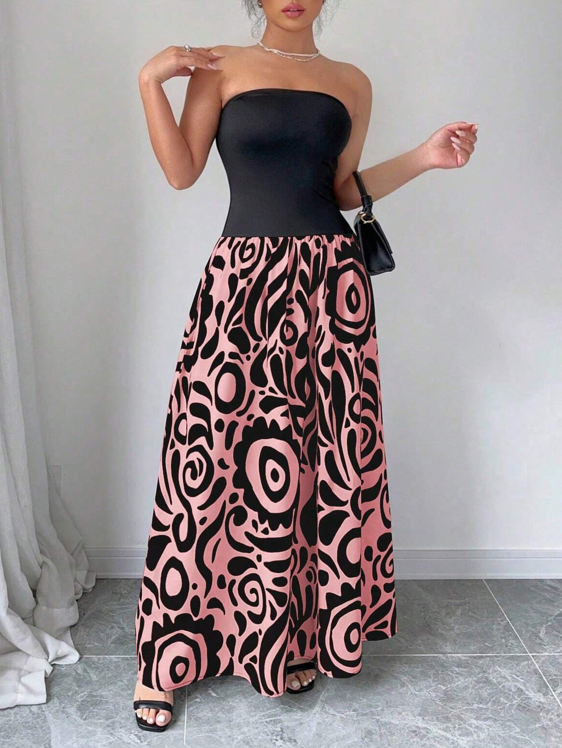 Women Patchwork Geometric Print Backless Strapless Dress 9