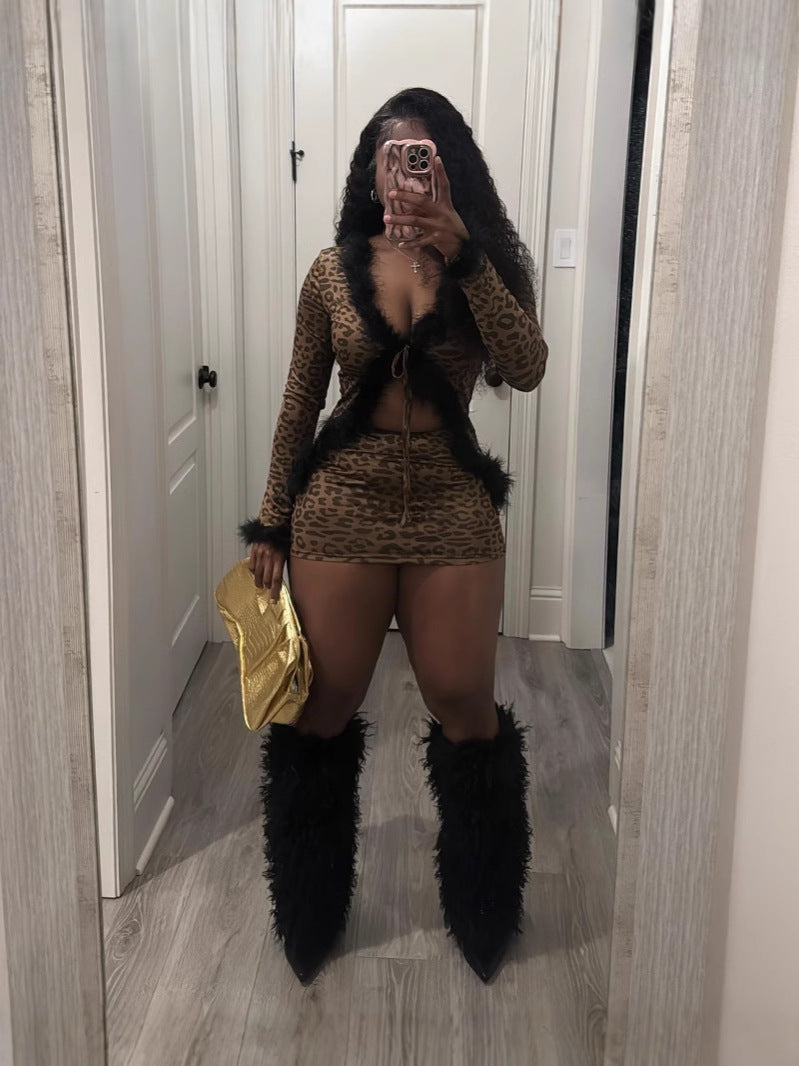Women furry patchwork lace top and leopard print skirt two-piece set 3