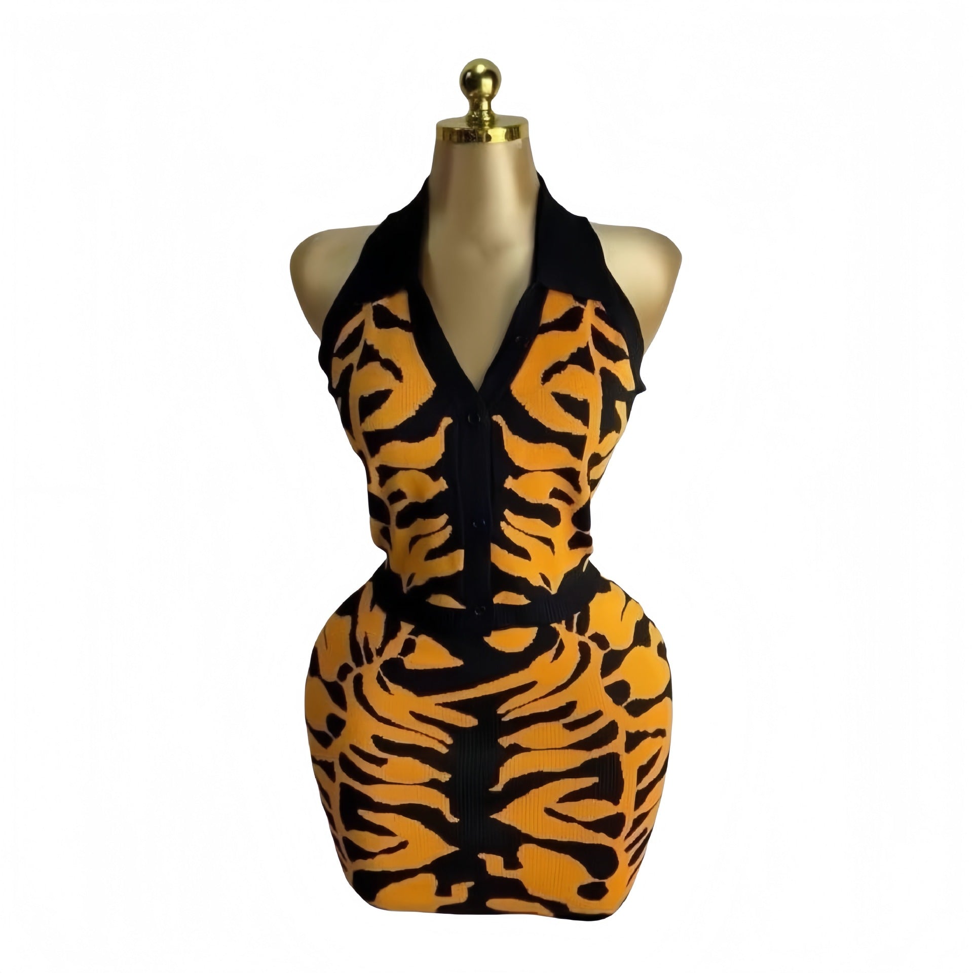 Women tiger print V-neck Halter neck backless top and bodycon skirt two-piece set 10