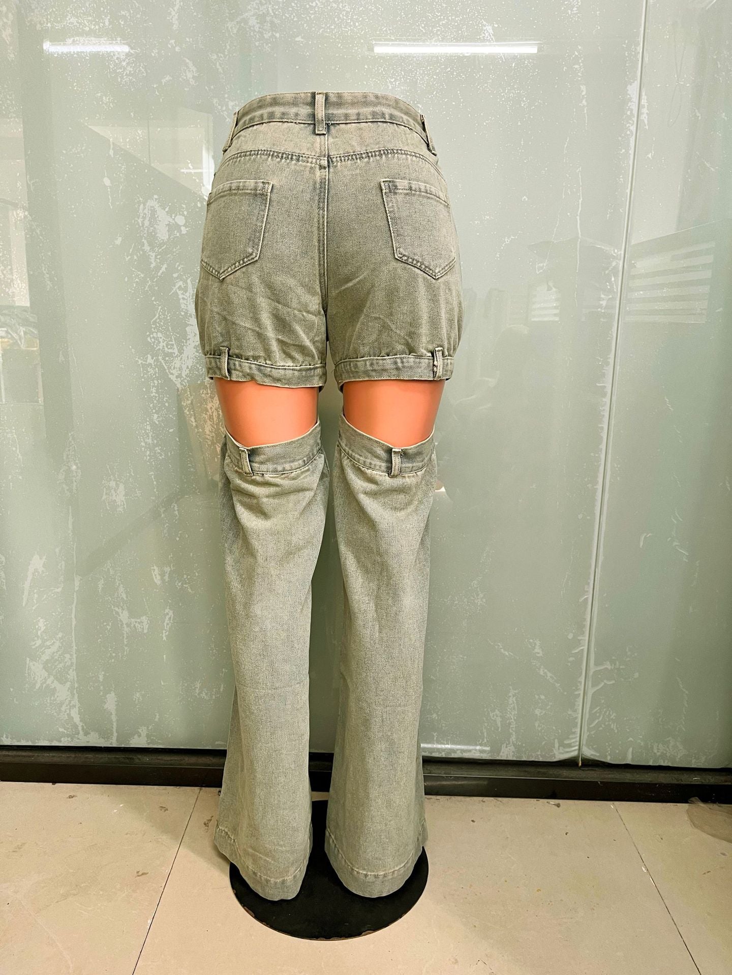 Women's Straight Street Fashion Washed Hollow Denim Pants 7