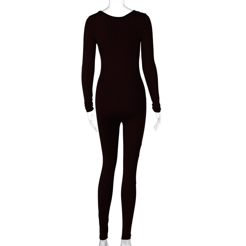 Women's Summer Fashion Long Sleeve Slim Solid Color Jumpsuit 19
