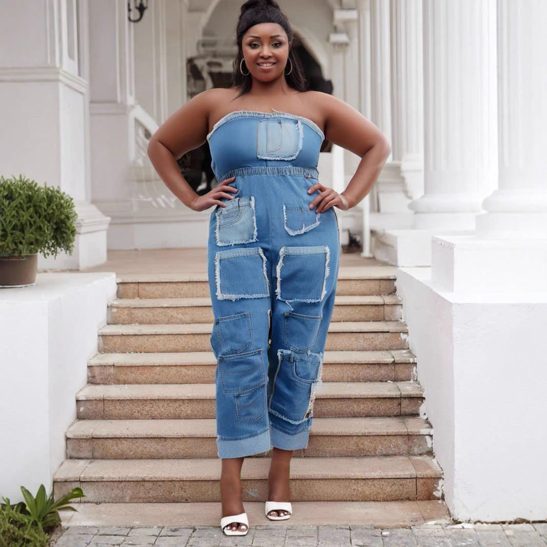 Plus Size Strapless Multi Pocket Patch Cargo Denim Jumpsuit 3