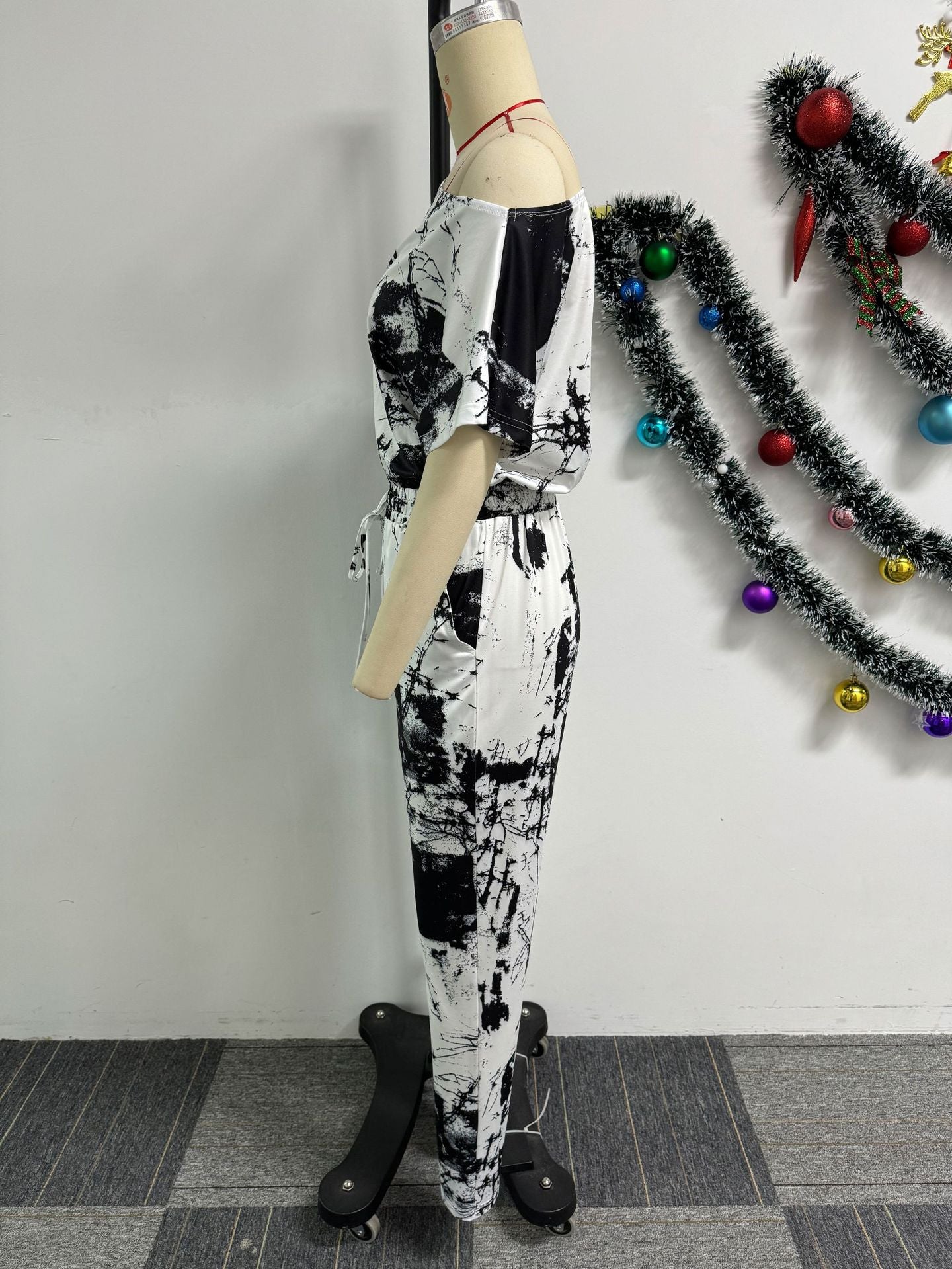 Women Sexy Printed Short Sleeve Off Shoulder Stretch Jumpsuit 6