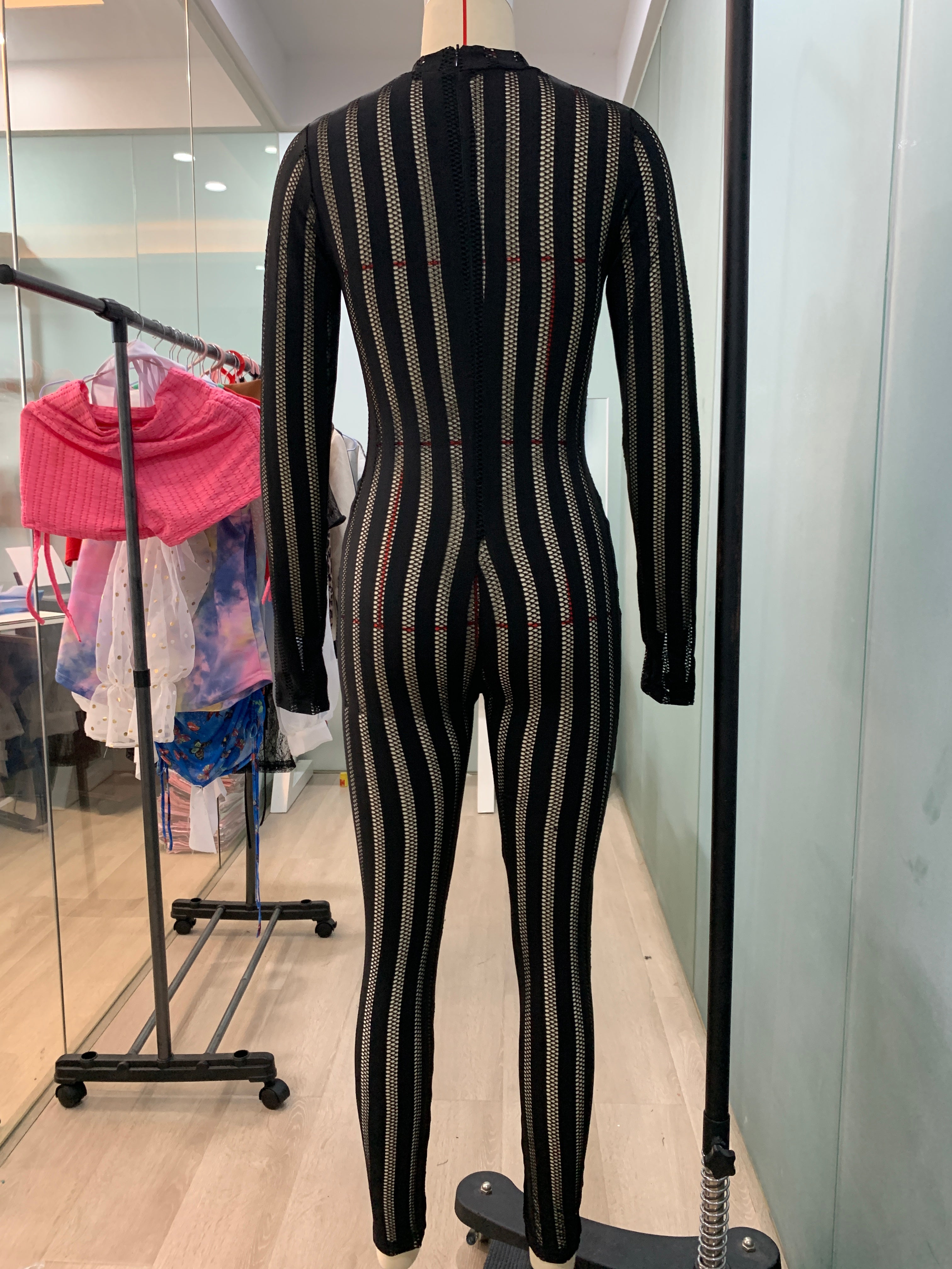 Striped Mesh Patchwork Casual Sexy Stretch Jumpsuit 19