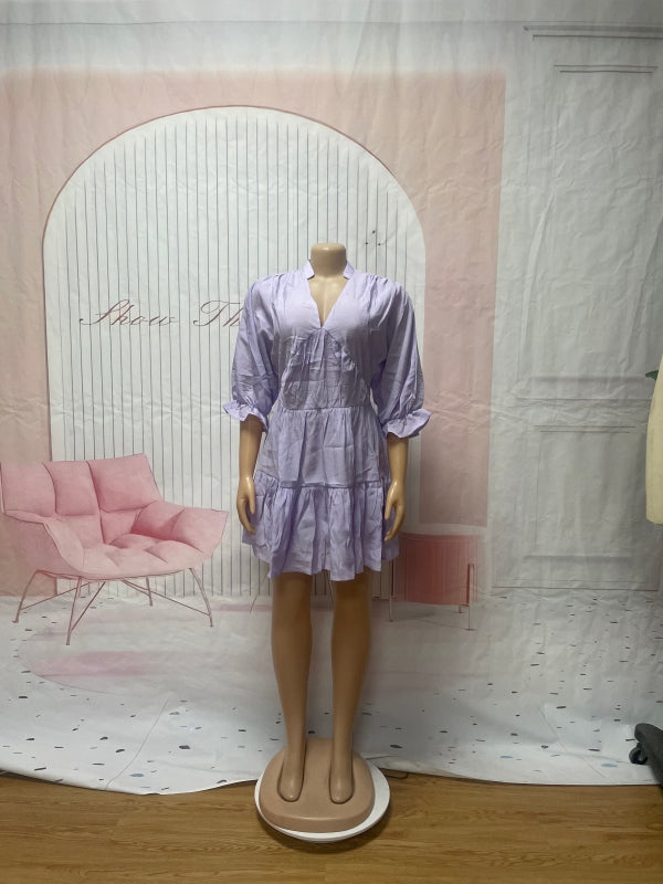 Women Solid Casual V Neck Three-quarter Sleeve Pleated Dress 13