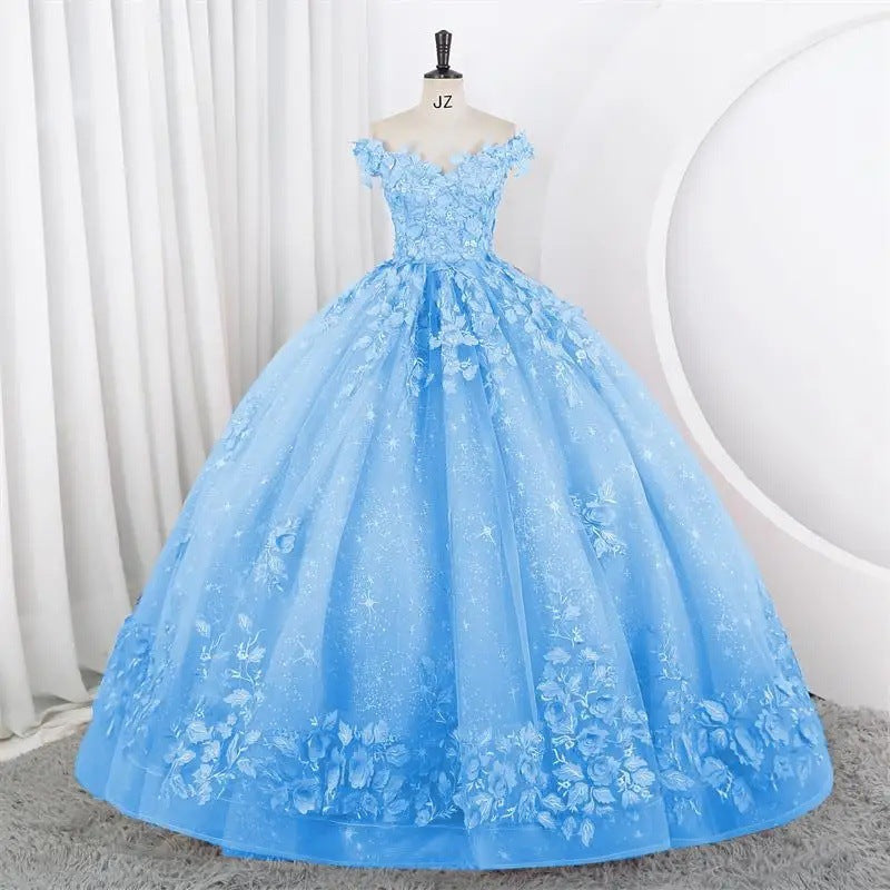 Women Puffy Tulle Embroidered Off-Shoulder Performance Costume Ball Gown 5
