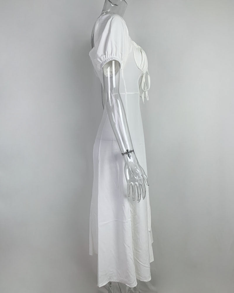 Spring Summer Dress Women's Slimming Off Shoulder Puff Sleeve Tie Slit Long Dress 16