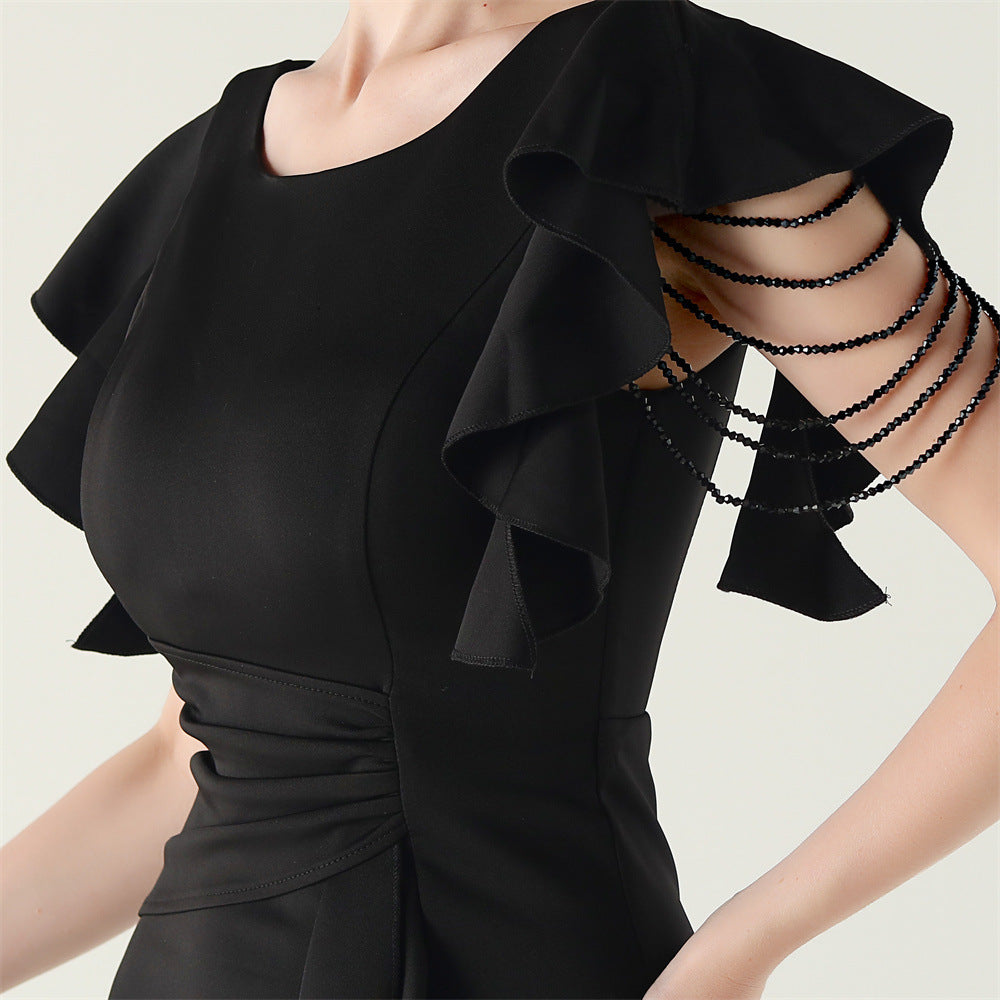 Women beaded tube V neck ruffle draped bead chain bead formal party evening dress 26