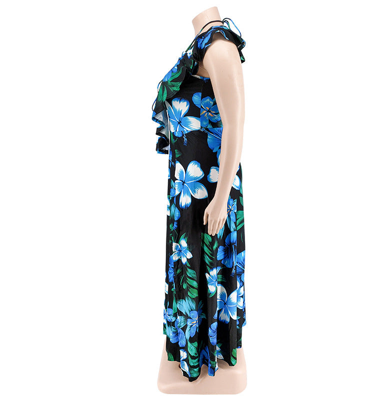 Plus Size Women's Summer Ruffled Collar Floral Print Maxi Dress 13