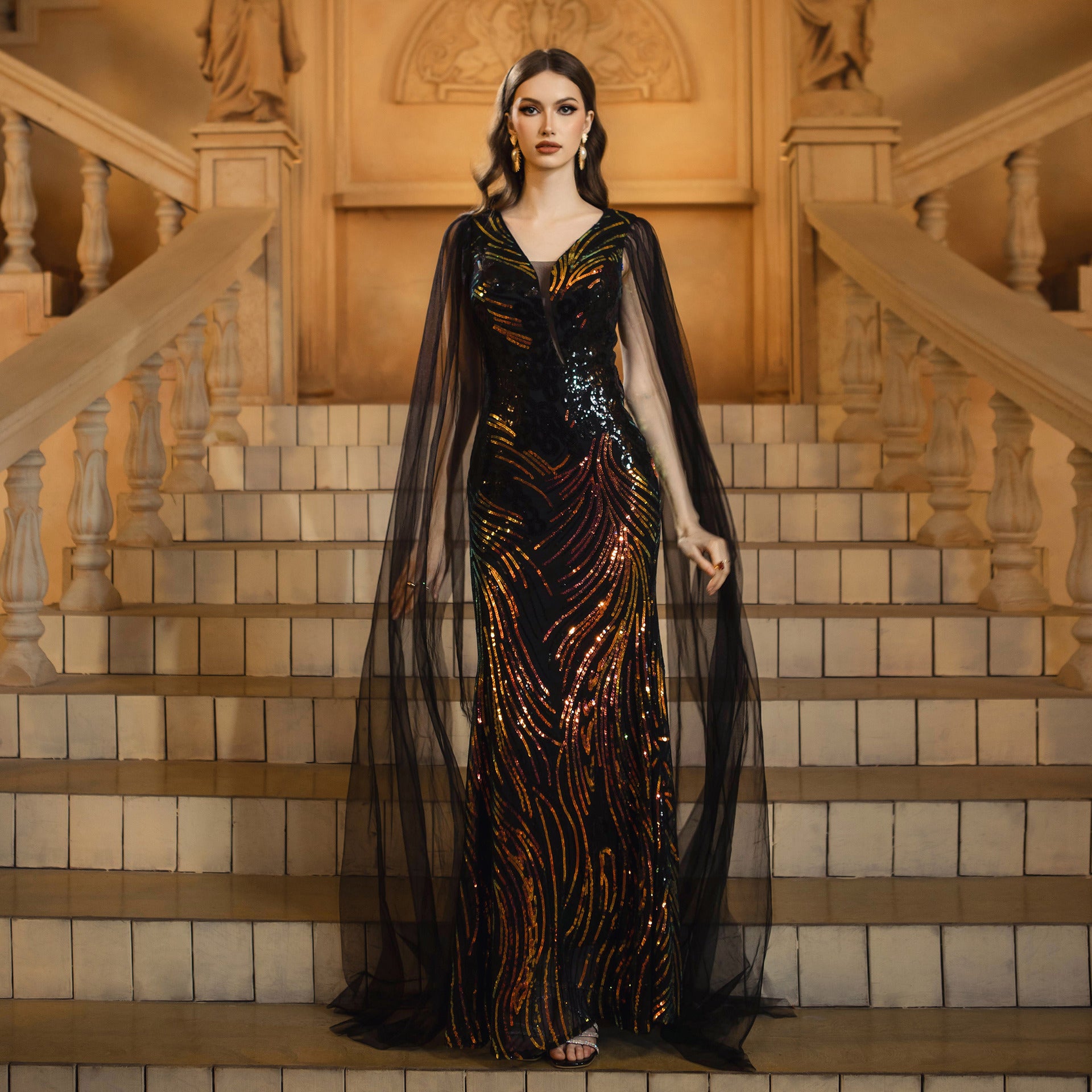 Women's Luxury V-Neck Long Sleeve Slim Waist Sequin Mesh Formal Party Evening Dress