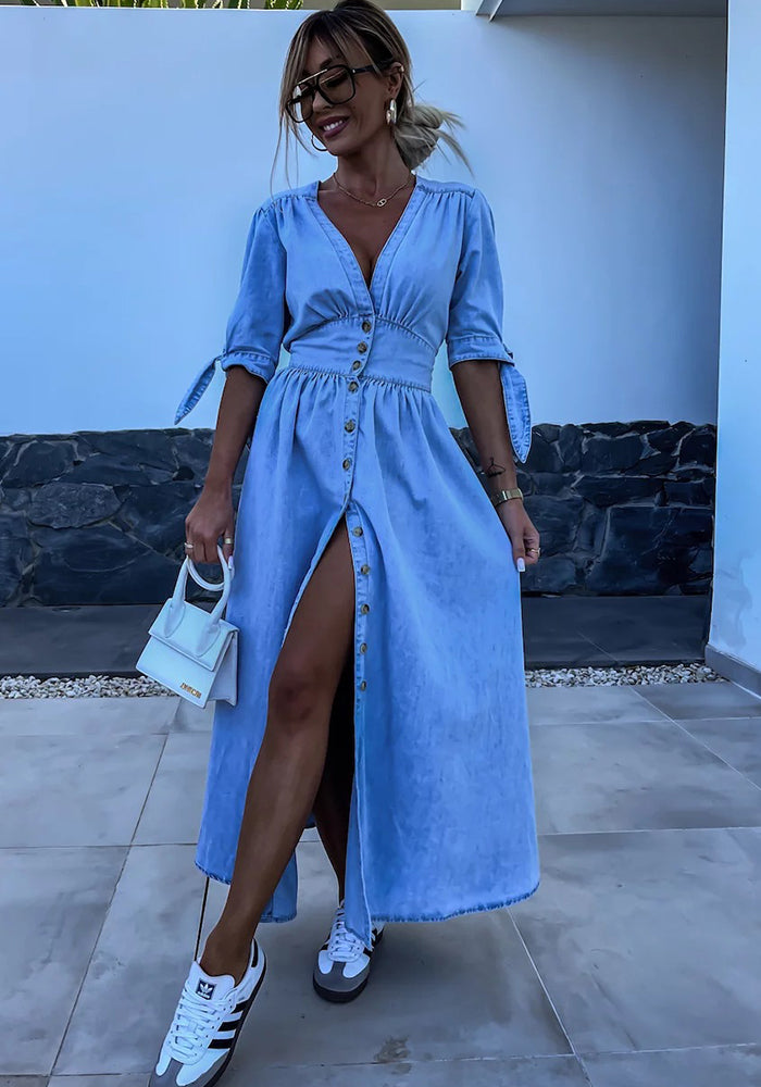 Women Sexy V-Neck Button Denim Dress