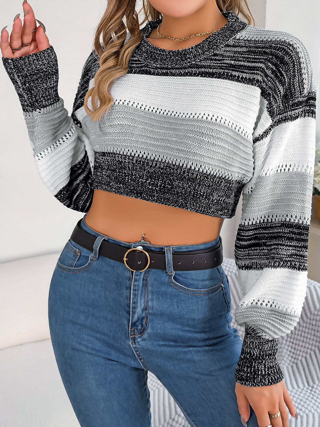 Autumn And Winter Casual Color Block Hollow Lantern Sleeve Pullover Crop Sweater Women's Clothing 8