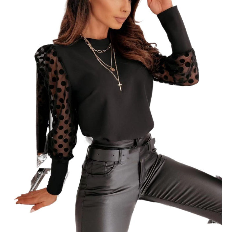 Spring Polka Dot Printed Mesh Long Sleeve Casual Round Neck Pullover Shirt 7