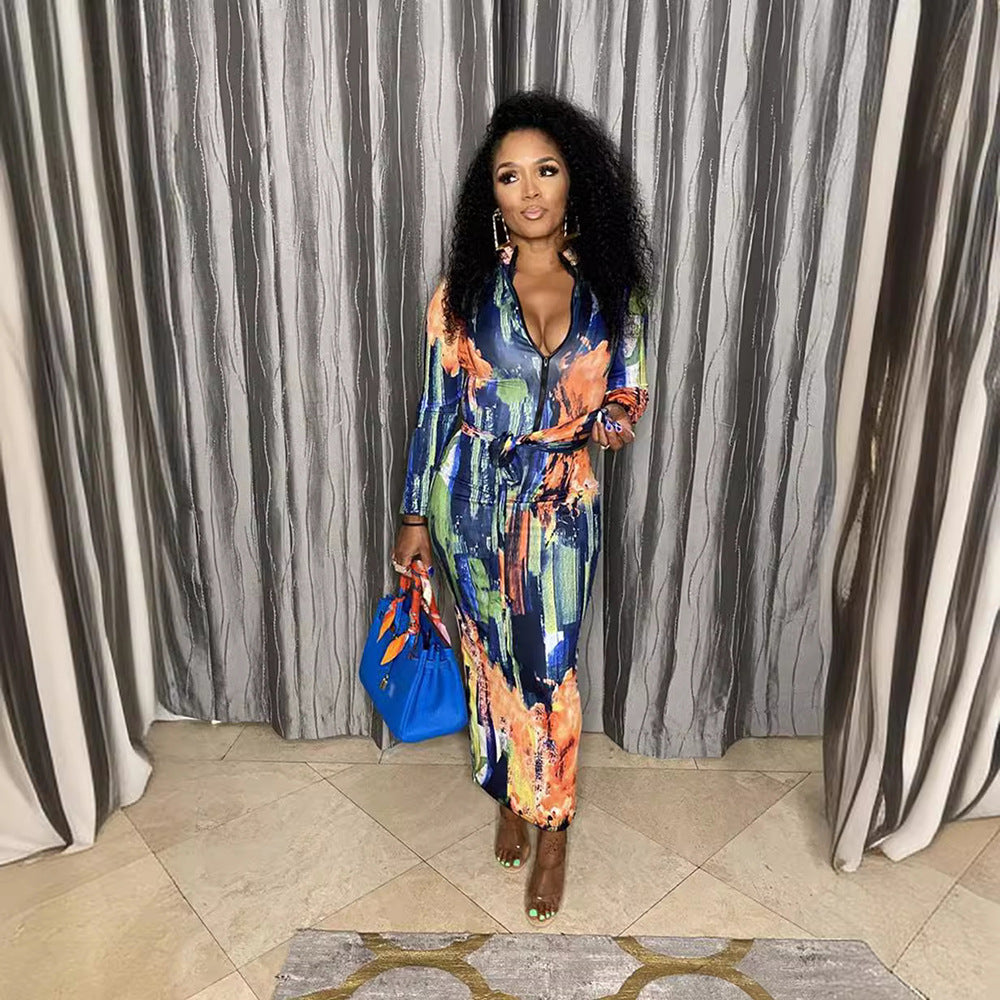 Women's Zipper Printed Long Sleeve Slim Dress With Belt 5