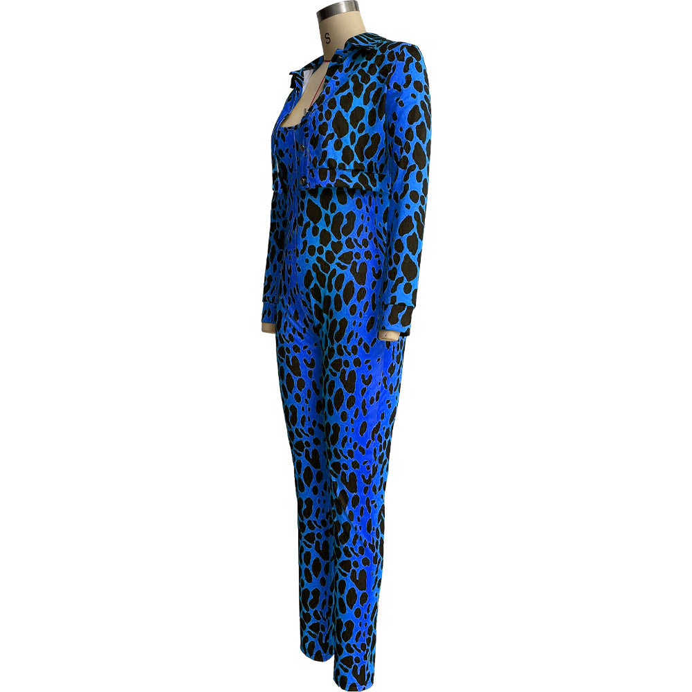 Women Casual Printed Jumpsuit and Coat Two-piece Set 16