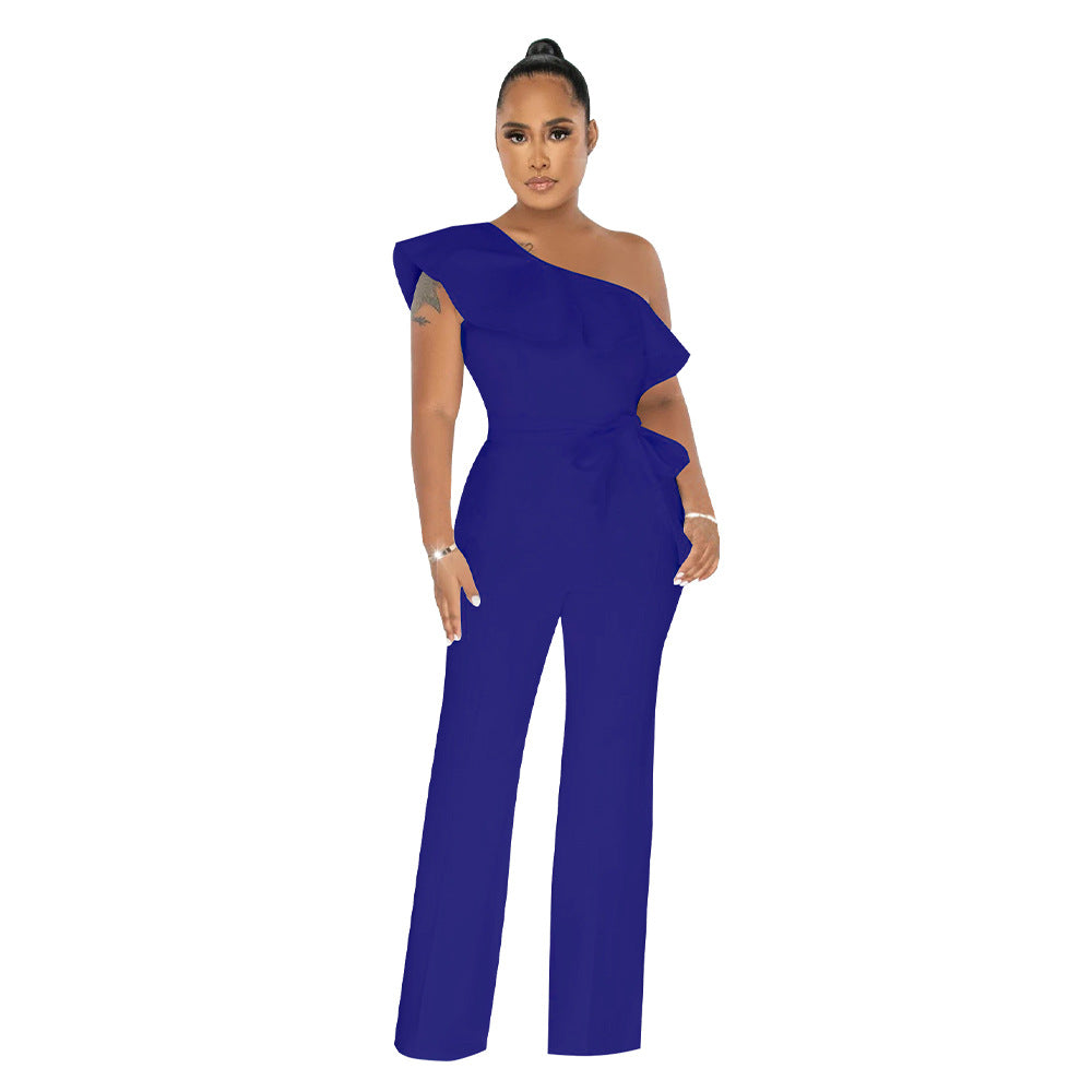 Women Solid Ruffle Jumpsuit with Belt 14
