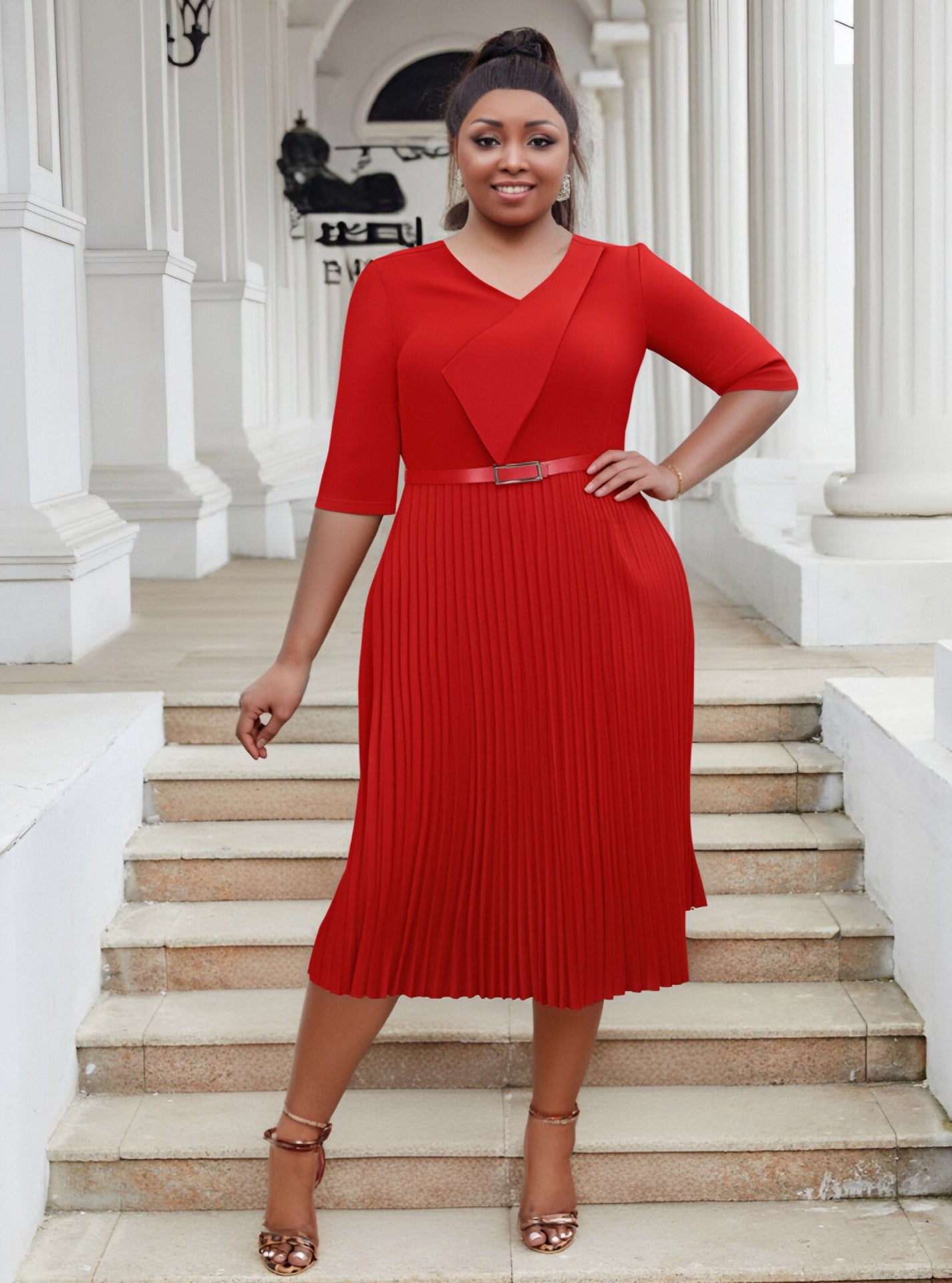 Plus Size fashion Career women's summer fashion Chic V-neck solid color pleated office dress 10