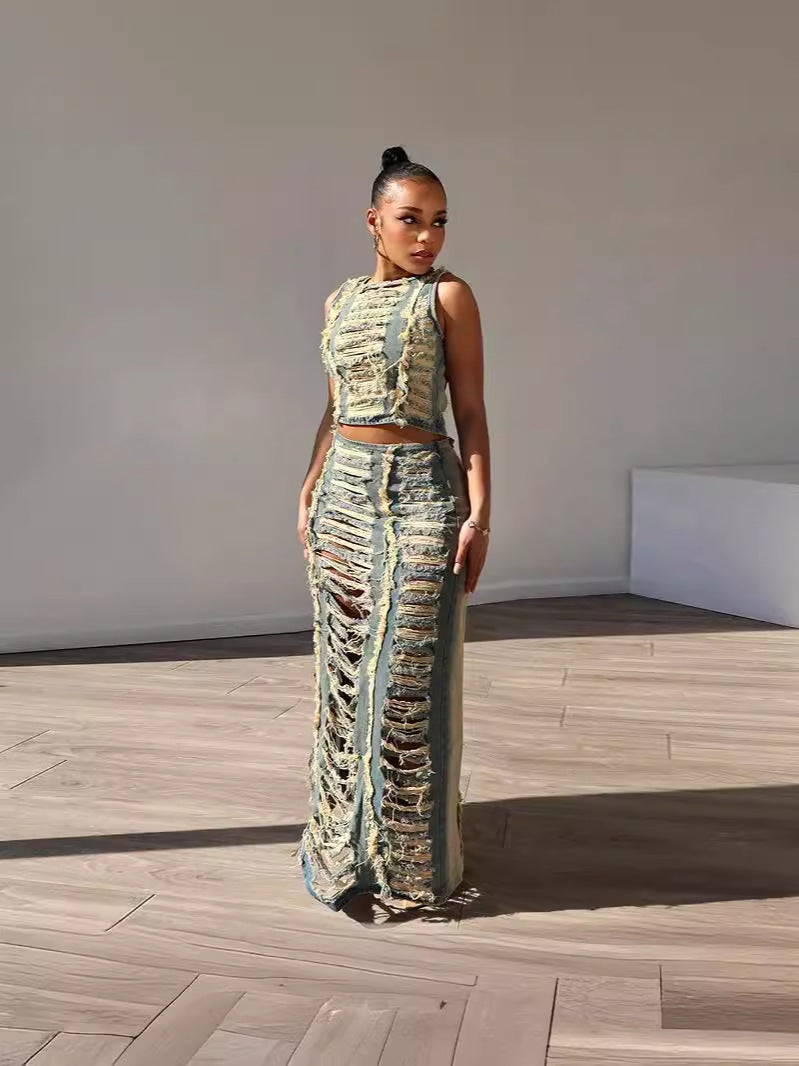 Women's Fashion Trend Worn Hollow Sexy Vest High Slit Denim Skirt Two-Piece Set 6