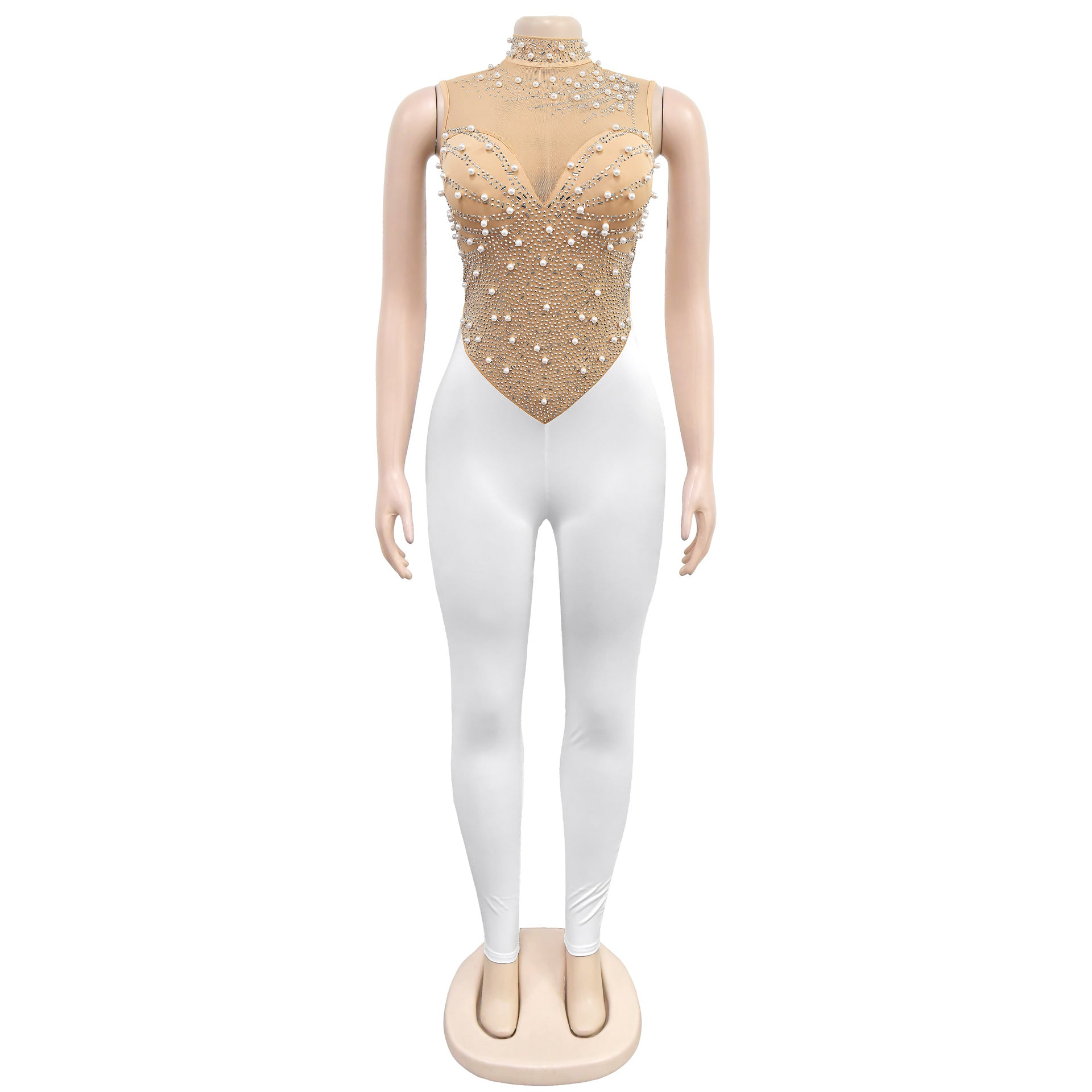 Fashionable Women's Solid Color Mesh Beaded Sleeveless Sexy Jumpsuit 12