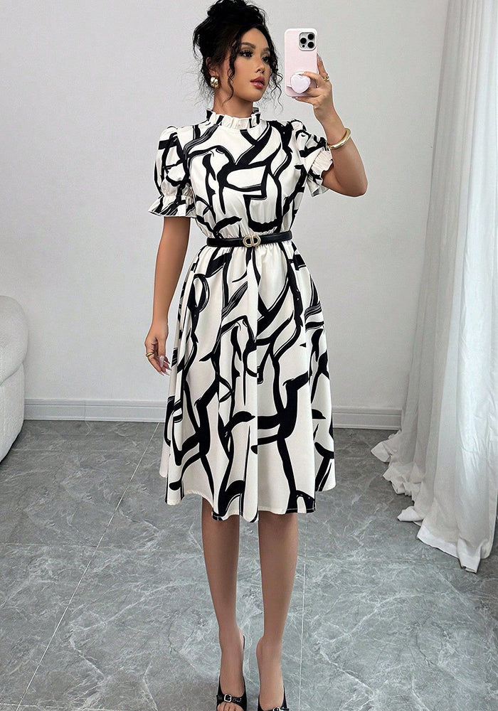 Women's Spring Summer Fashion Elegant Tie Waist Ruffled Collar Puff Sleeve A-Line Print Dress