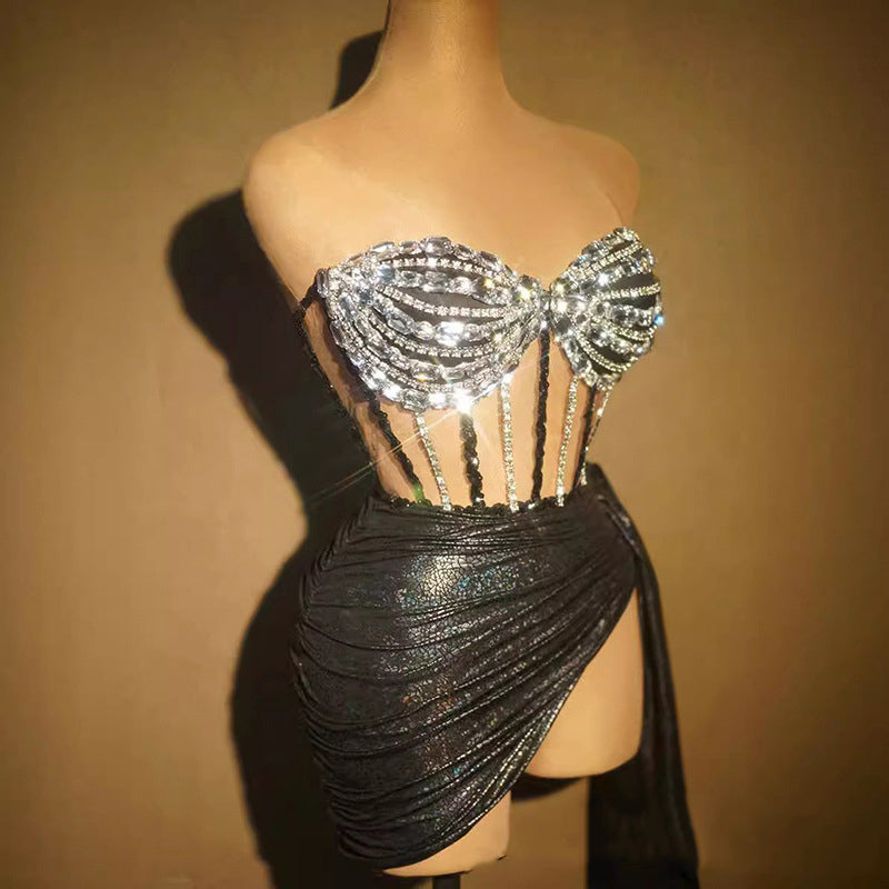 Women Sexy Strapless Rhinestone Chain Top and Mini Skirt Two Piece 9