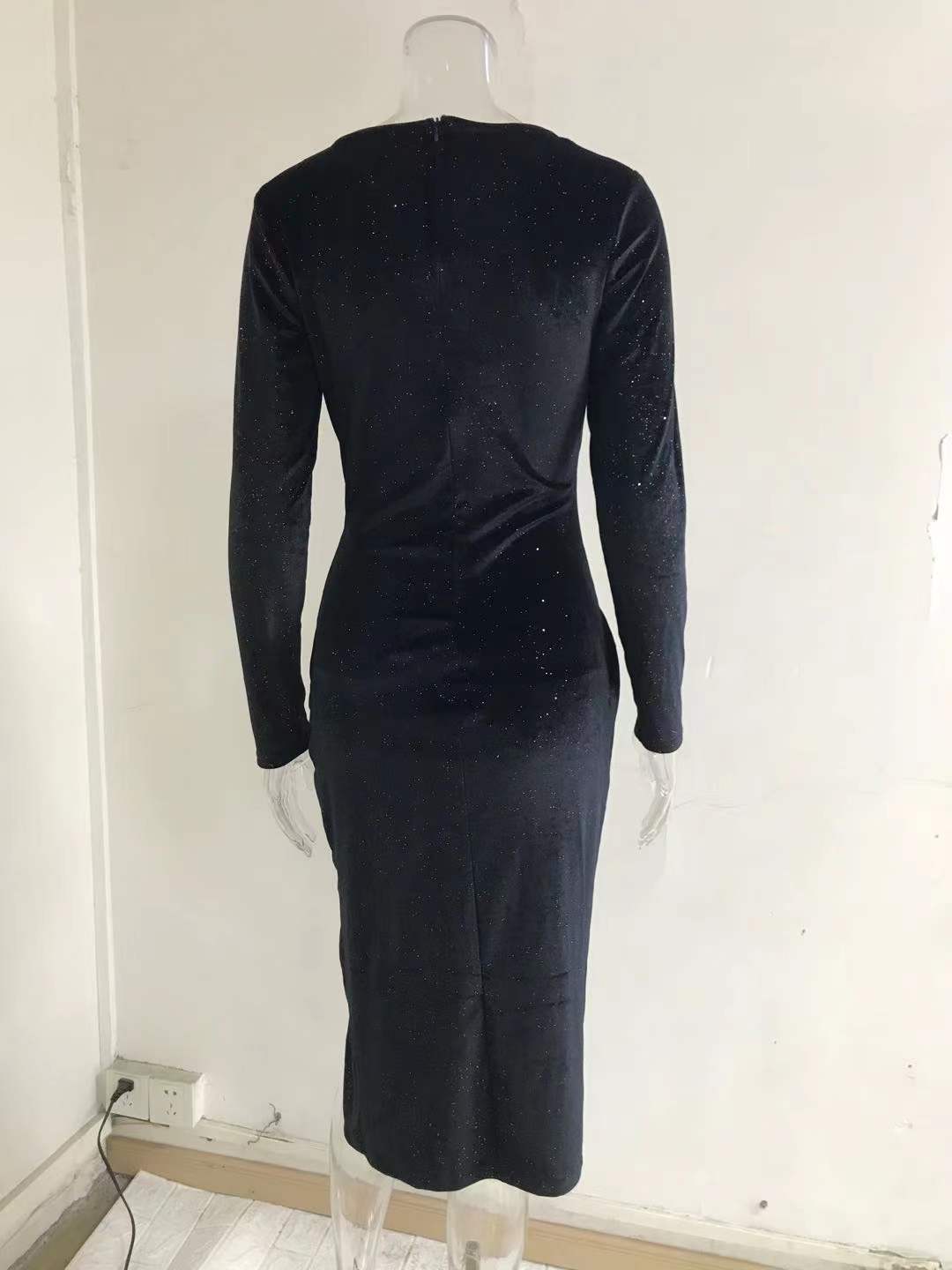 Women Sexy Leg-Exposing Long Sleeve Velvet Dress 27