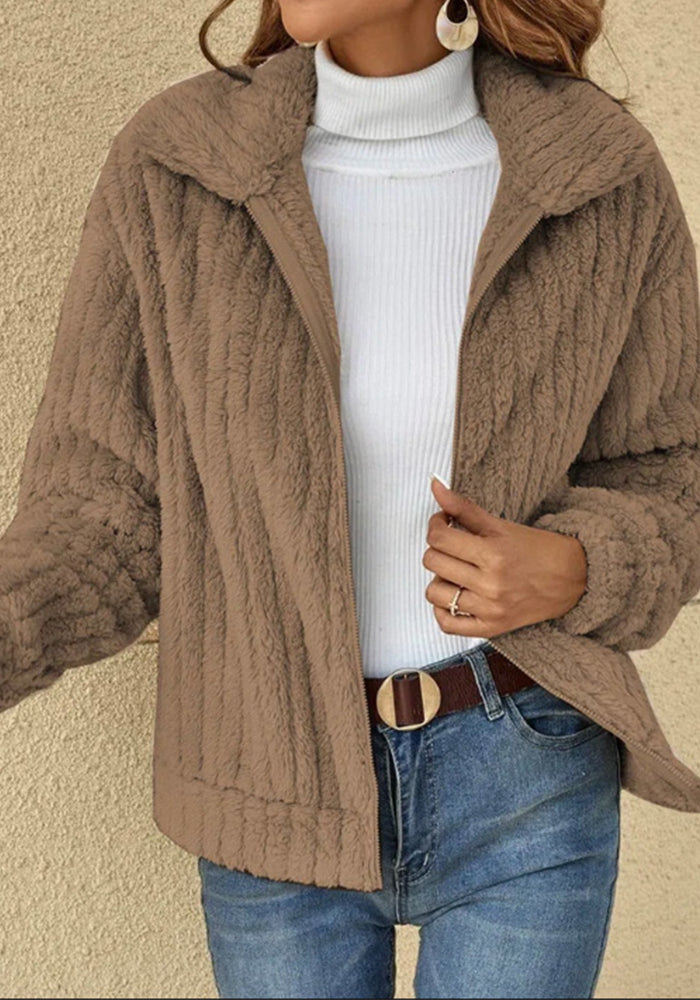 Women's Autumn and Winter Ribbed Plush Cardigan Turndown Collar Jacket