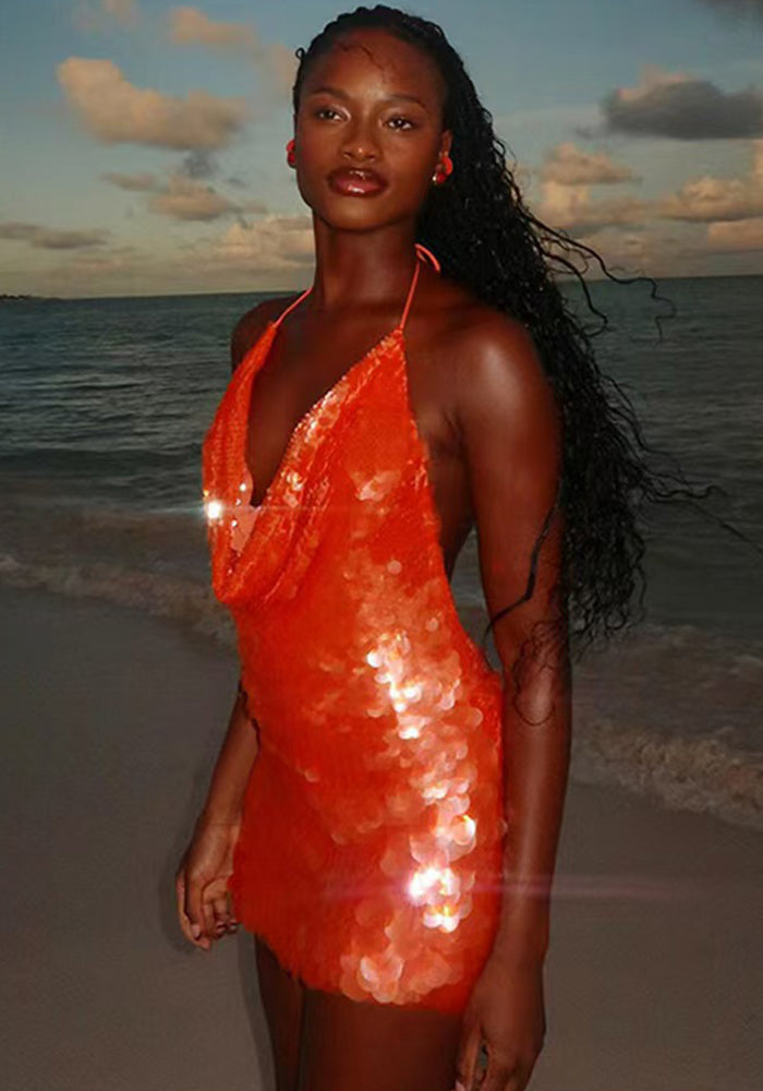 Sexy women'slow-cut hollow Strap Low Back sequined slim dress