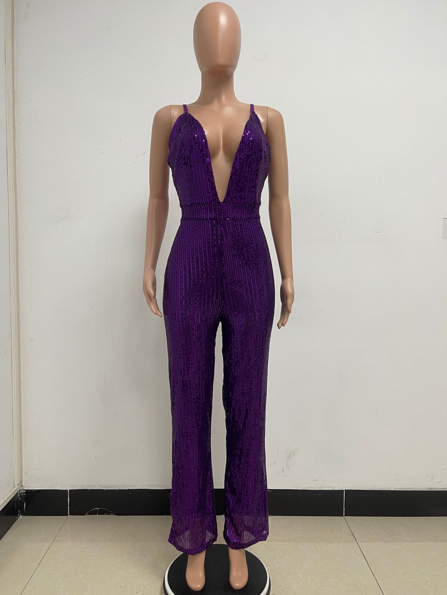 Deep V Neck Low Back Sleeveless Chic Sequined Straps Elegant Women's Party Jumpsuit 98