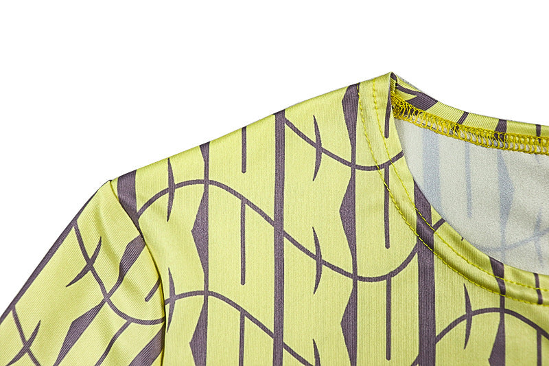 Fashion Patchwork Women's Printed Ruched Round Neck Long Sleeve Slit Dress 10