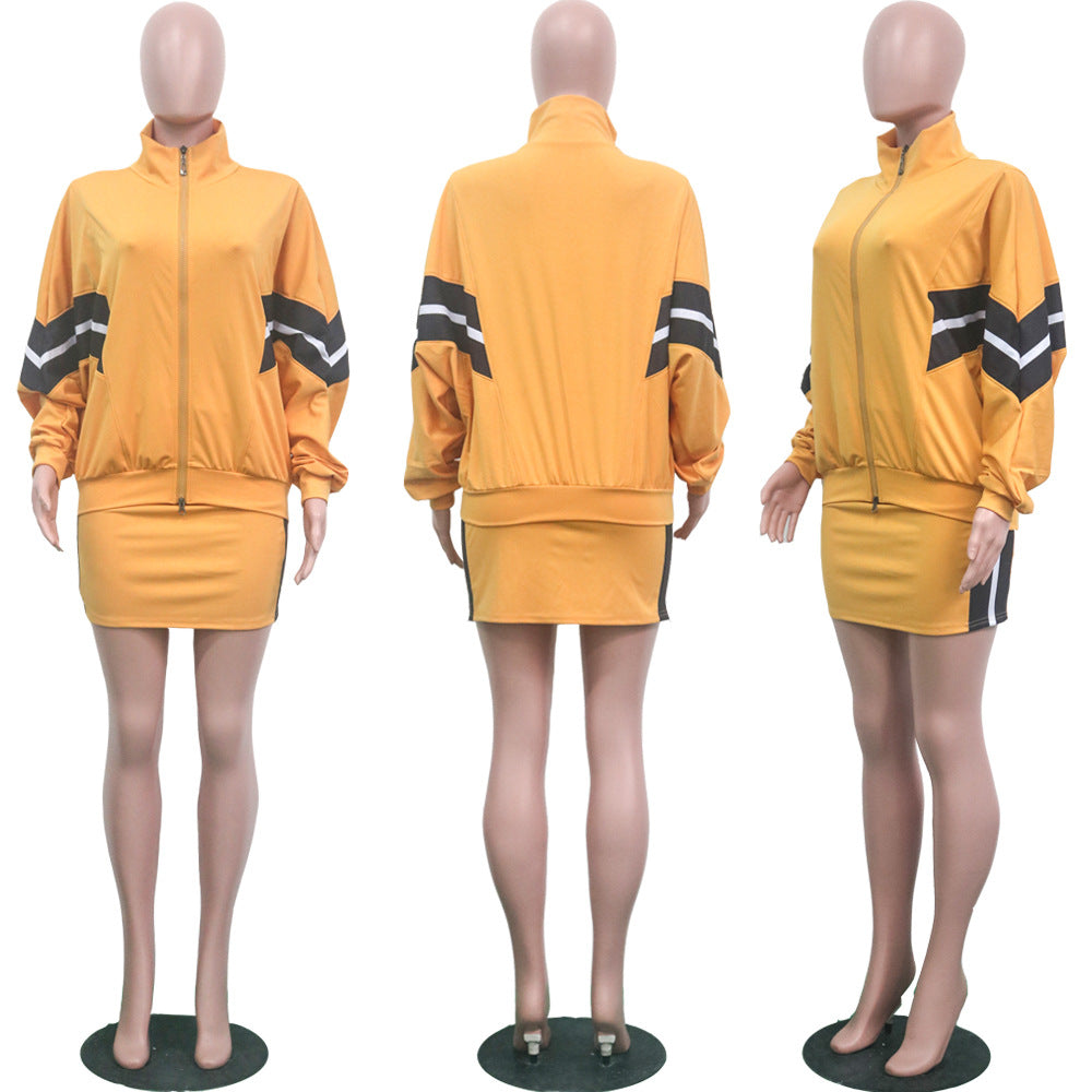 Autumn And Winter Two Piece Set Patchwork Casual Sports Long-Sleeved Jacket Short Skirt Set For Women 9