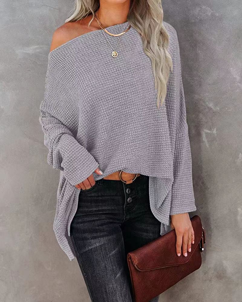 Women knitting waffle Slash Shoulder Top 19