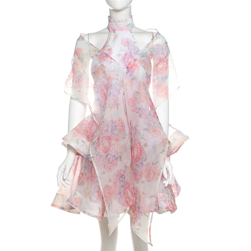 Women's Spring Printed Halter Neck Backless A-line Mini Dress 10