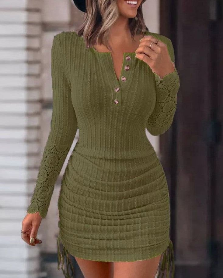 Women Round Neck Lace Long Sleeve Dress 6