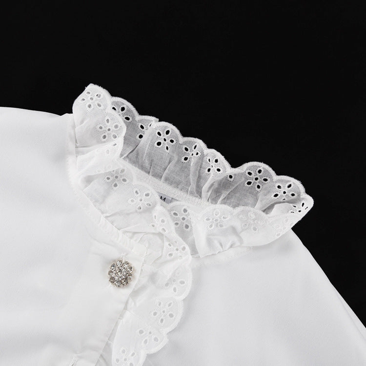 Stand Collar Diamond Button Ruffle Shirt Women Trendy White Shirt Top 7