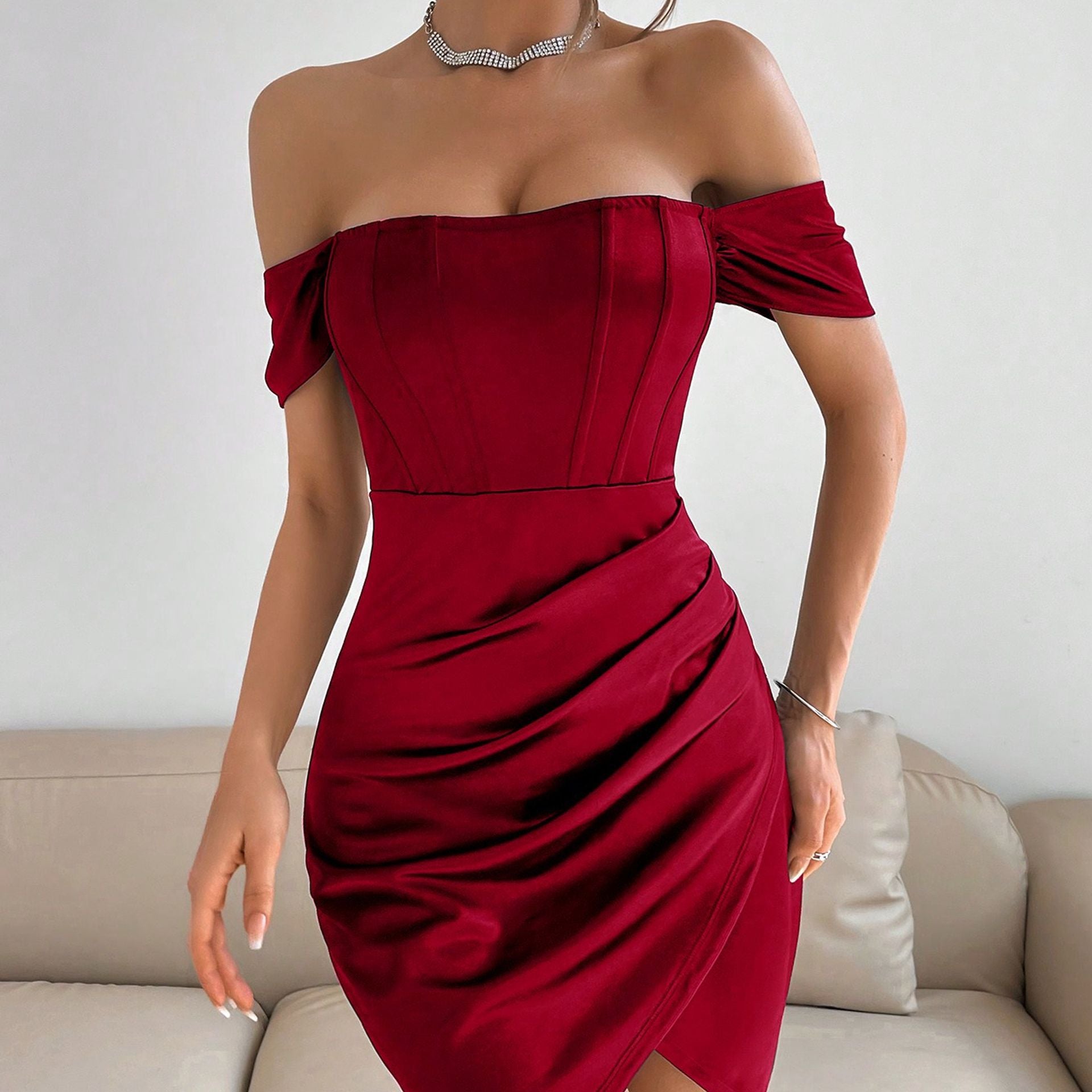 Fall Sexy Solid Color Off Shoulder Women's Dress 7