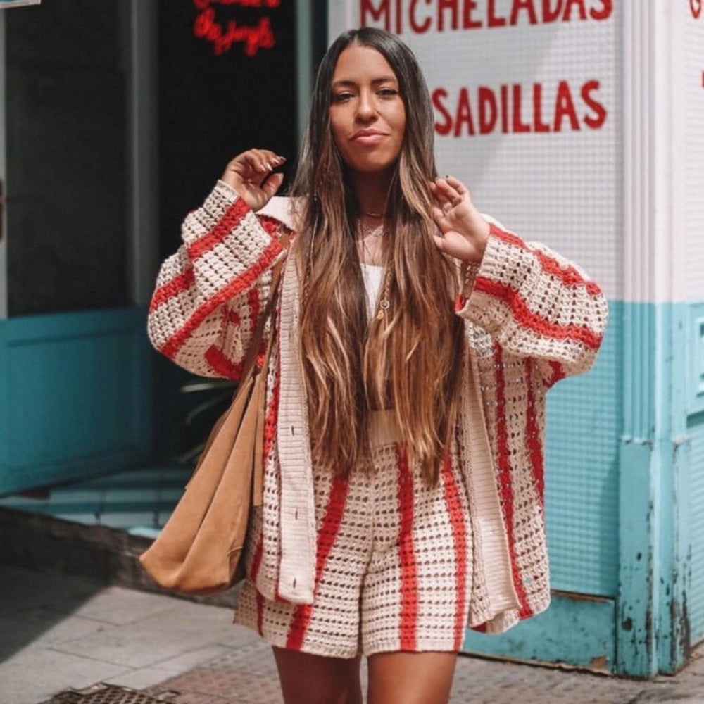 Women Turndown Collar Button Stripe Sweater + Shorts Two-Piece Set 13