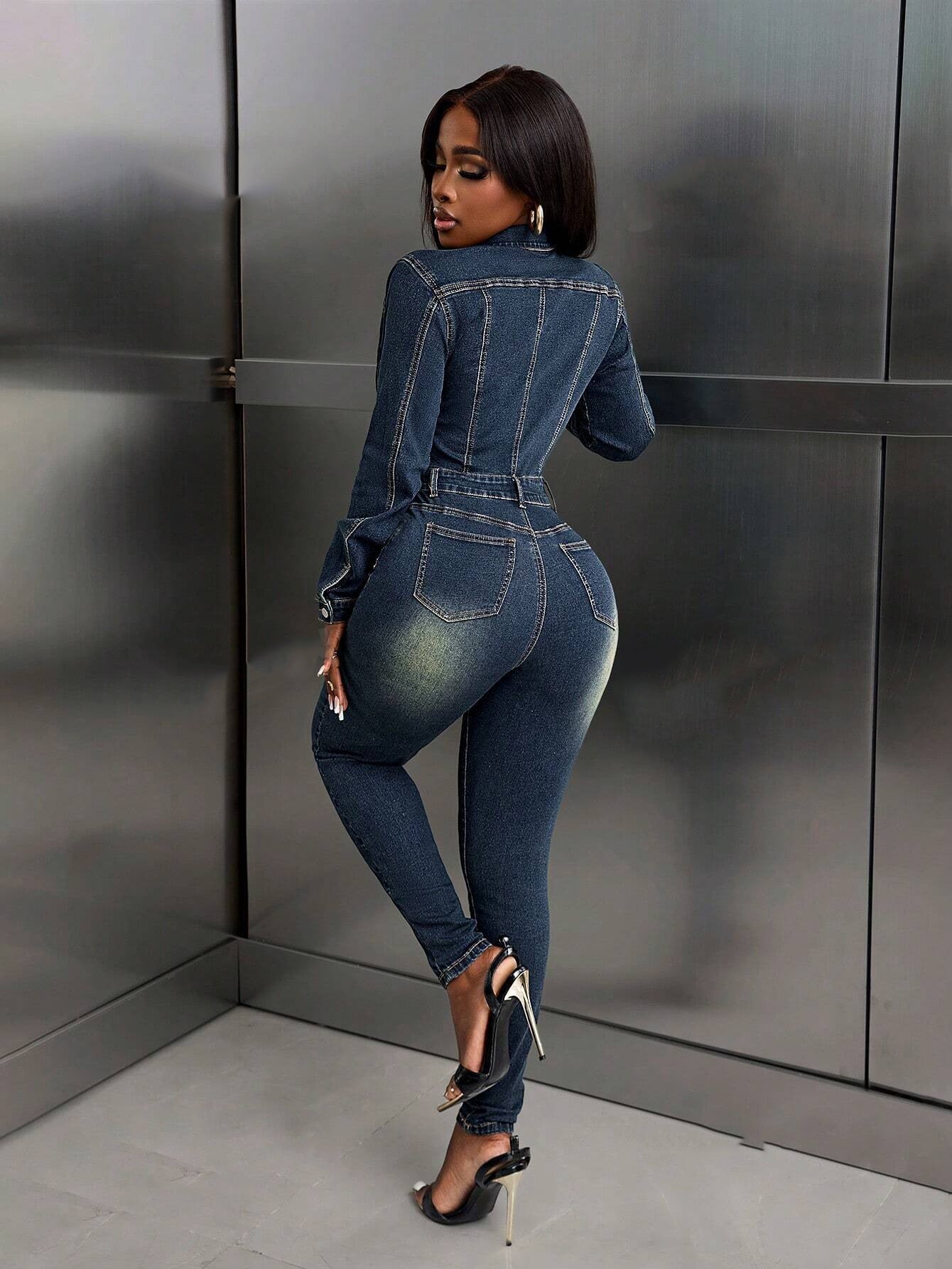 Slim Denim Long-Sleeve Jumpsuit 4