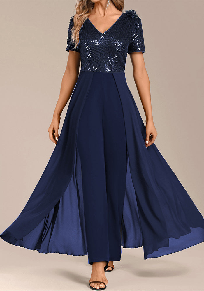 Women Solid Chiffon Sequin Patchwork Jumpsuit