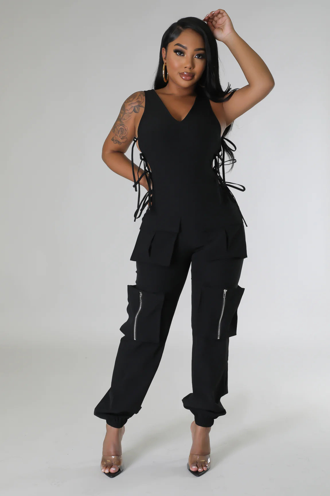 Women v-neck Lace-Up Cargo Jumpsuit 8