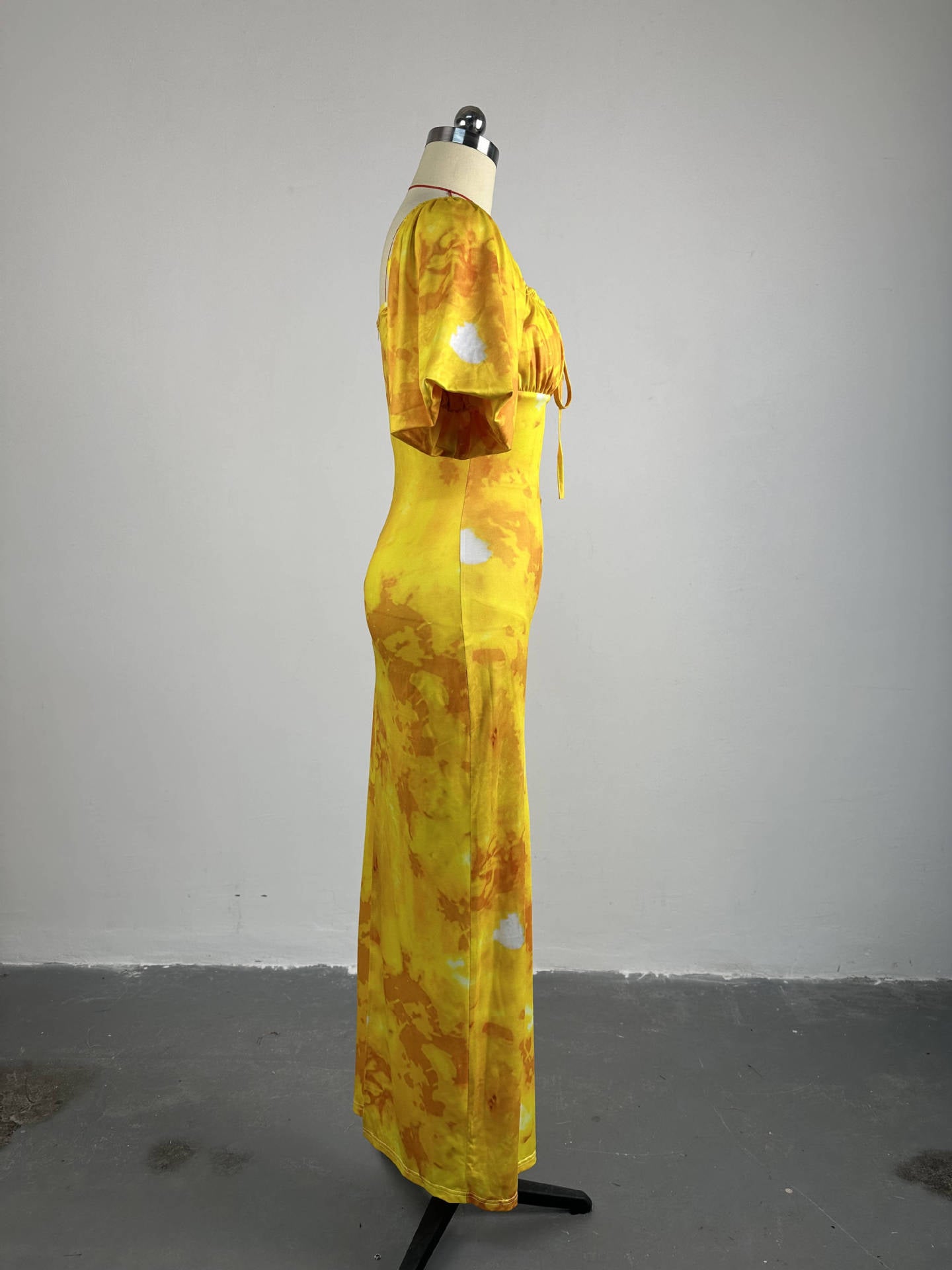 Women Summer Printed Puff Sleeve Square Neck Maxi Slit Dress 15