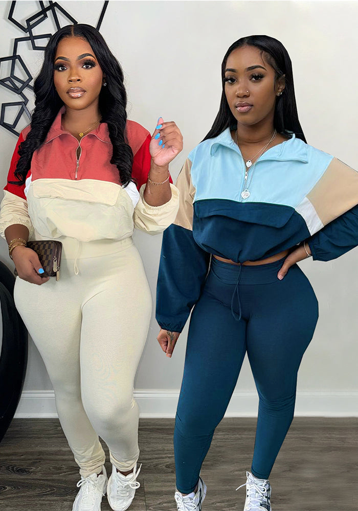 Autumn Contrast Color Zipper Patchwork Top Tight Fitting Pants Sports Two-Piece Set